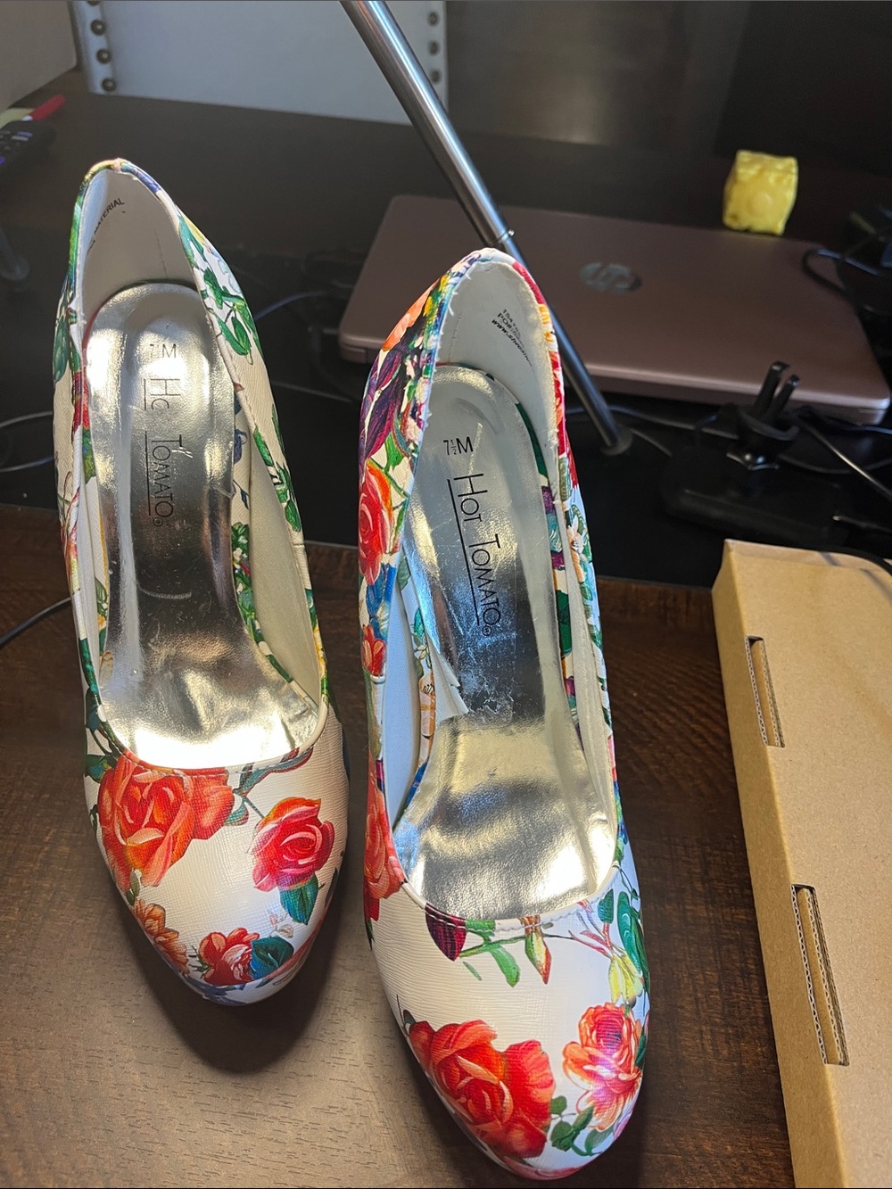Hot Tomato White Floral Pumps with Red & Pink Rose Accents